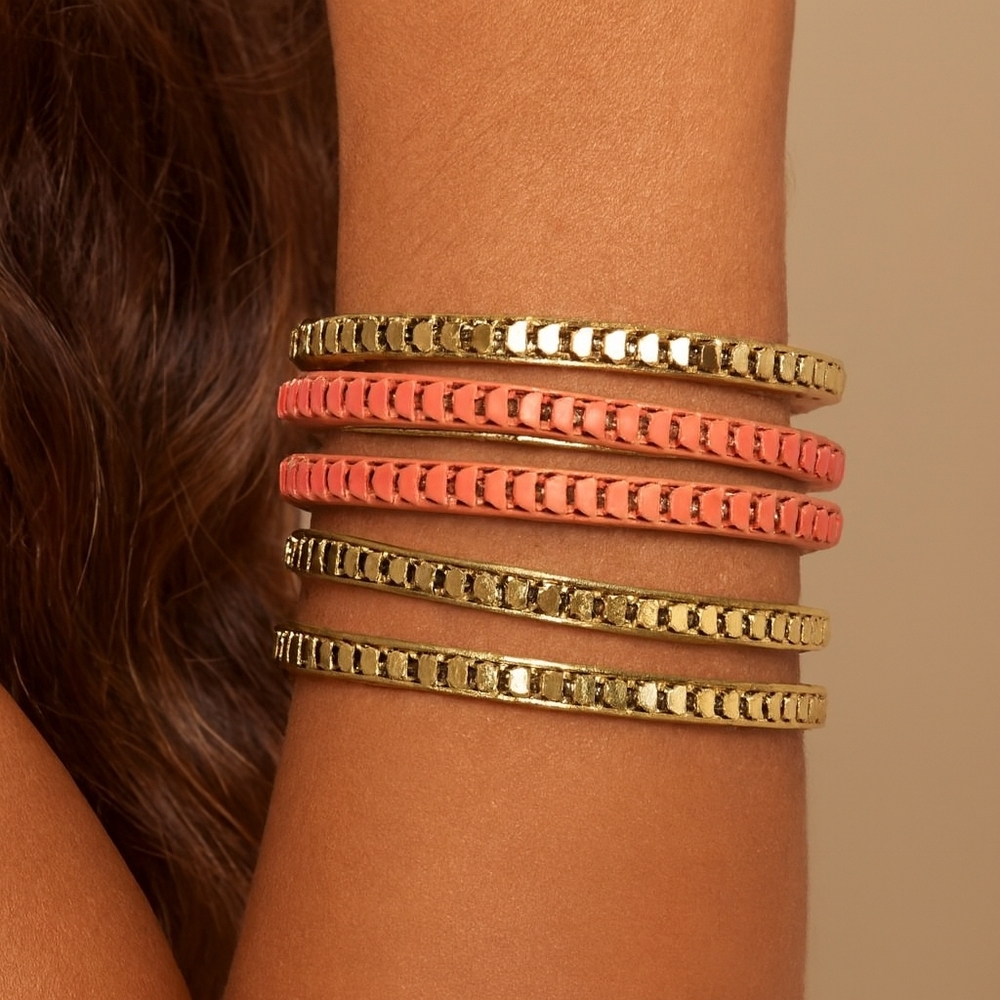 Women's Set of 5 Gold & Salmon Coral Pink Colors Bangle Bracelets Jewelry